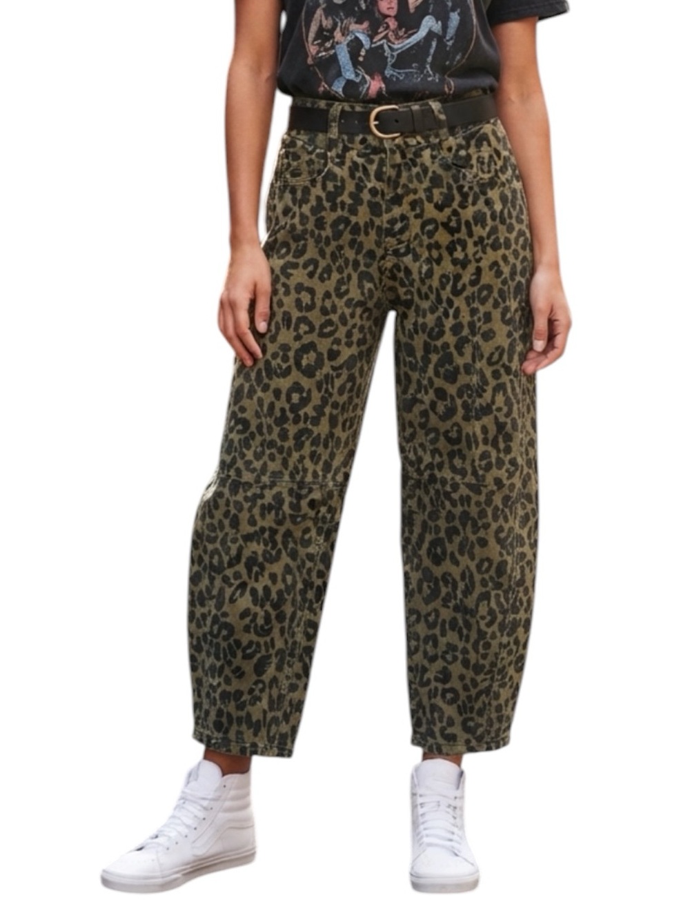 Leopard Print Olive Green Crop Barrel Jeans Size M